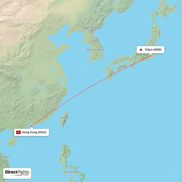 Tokyo - Hong Kong direct flight map