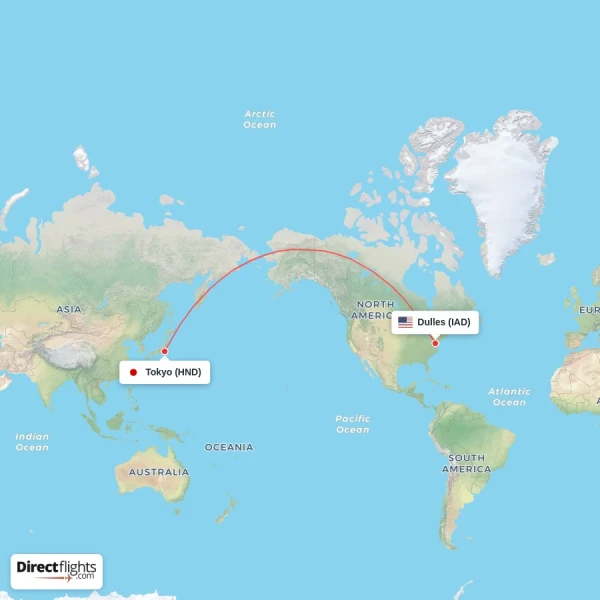 Tokyo - Dulles direct flight map