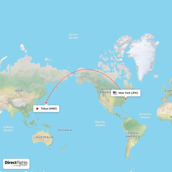 Tokyo - New York direct flight map