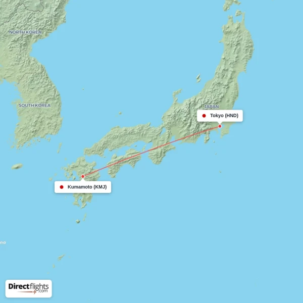 Tokyo - Kumamoto direct flight map