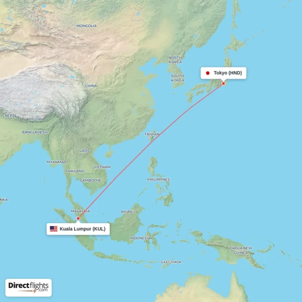 Tokyo - Kuala Lumpur direct flight map