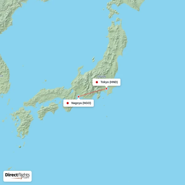 Tokyo - Nagoya direct flight map