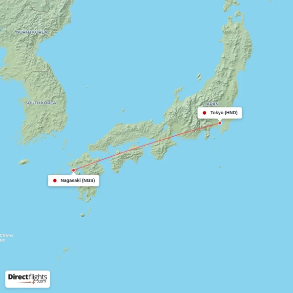 Tokyo - Nagasaki direct flight map
