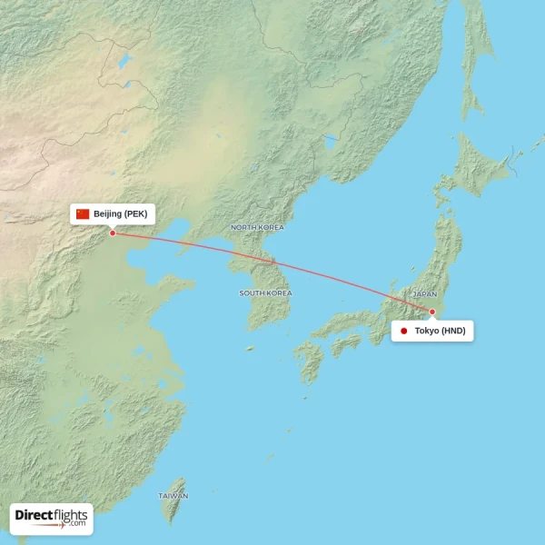 Tokyo - Beijing direct flight map