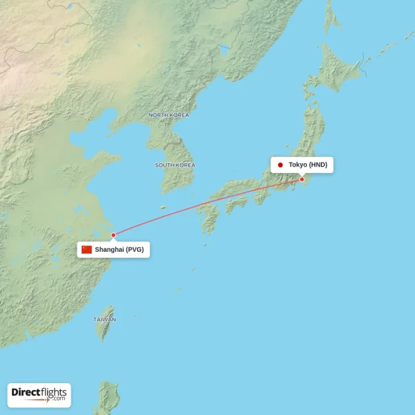 Tokyo - Shanghai direct flight map