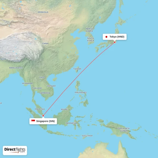 Tokyo - Singapore direct flight map