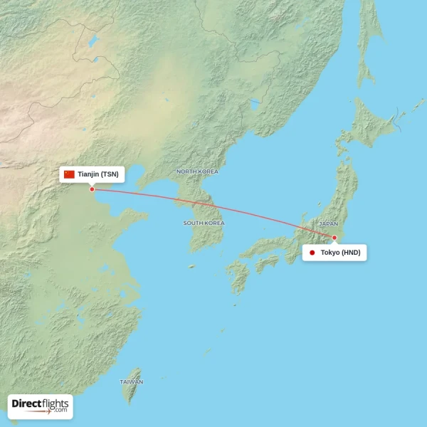 Tokyo - Tianjin direct flight map