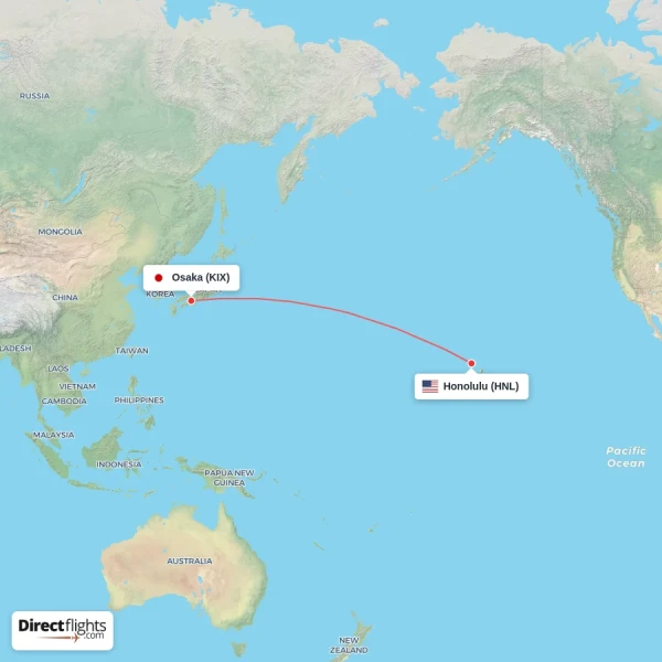 Honolulu - Osaka direct flight map