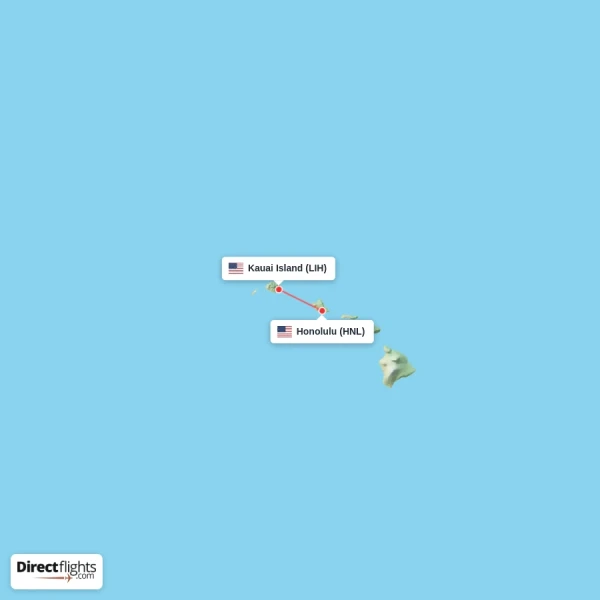 Honolulu - Kauai Island direct flight map