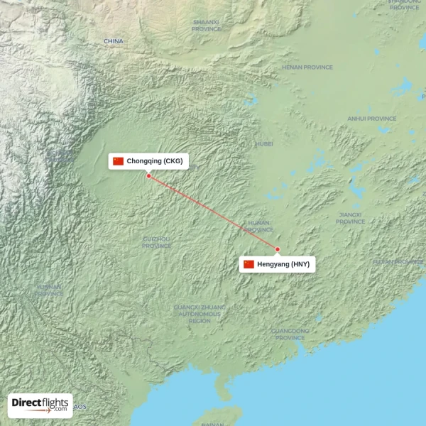 Hengyang - Chongqing direct flight map