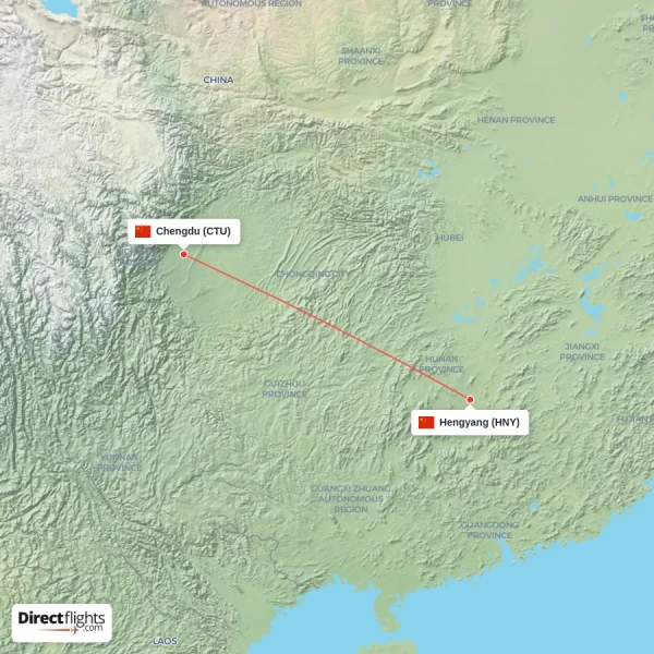 Hengyang - Chengdu direct flight map