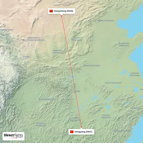 Hengyang - Dongsheng direct flight map