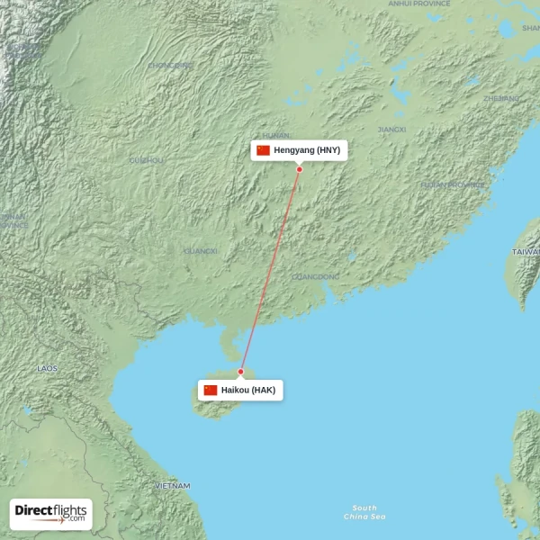 Hengyang - Haikou direct flight map