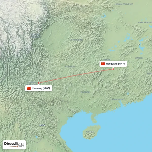 Hengyang - Kunming direct flight map