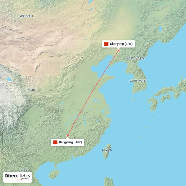 Hengyang - Shenyang direct flight map