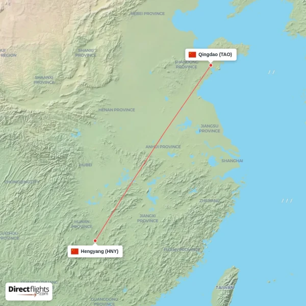 Hengyang - Qingdao direct flight map