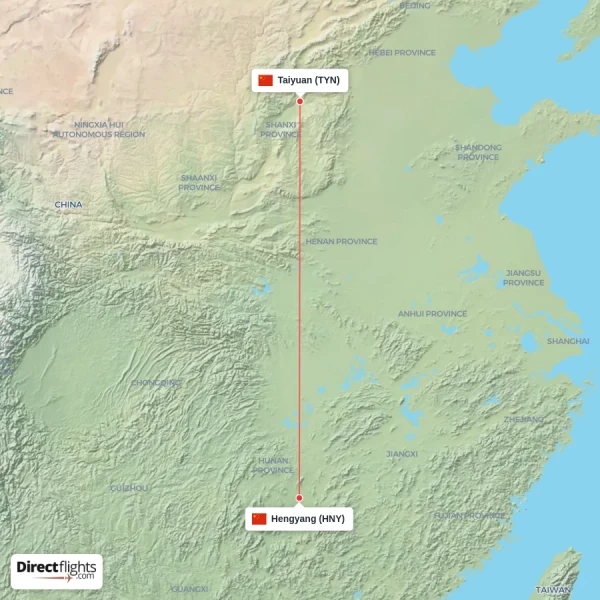 Hengyang - Taiyuan direct flight map