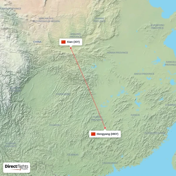 Hengyang - Xian direct flight map