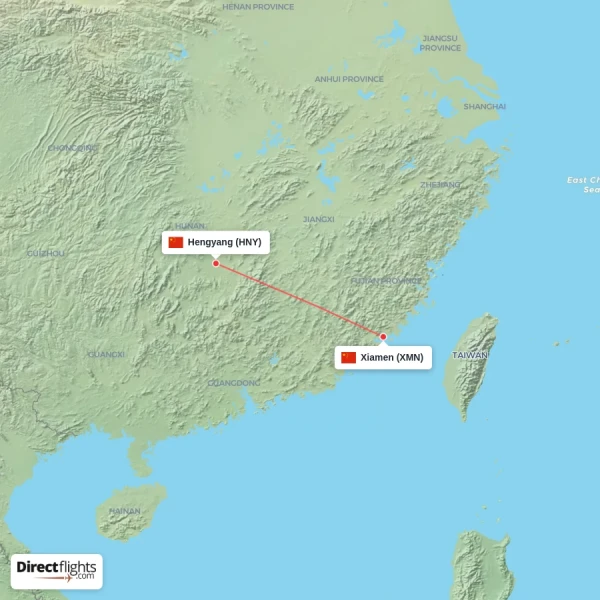 Hengyang - Xiamen direct flight map