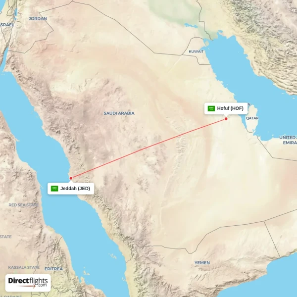 Hofuf - Jeddah direct flight map