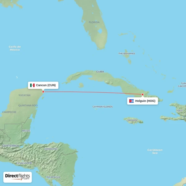 Holguin - Cancun direct flight map