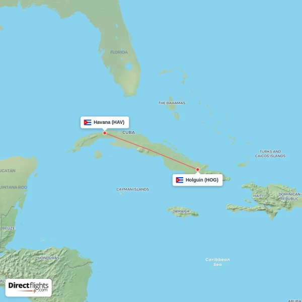 Holguin - Havana direct flight map
