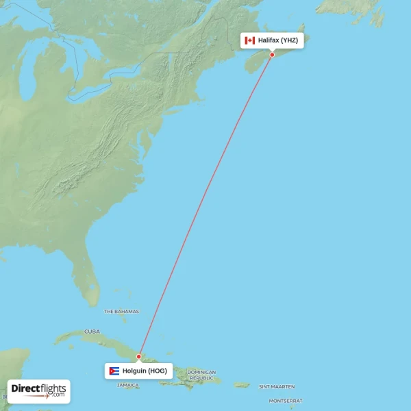 Holguin - Halifax direct flight map