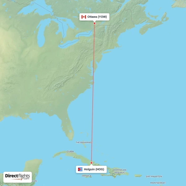 Holguin - Ottawa direct flight map