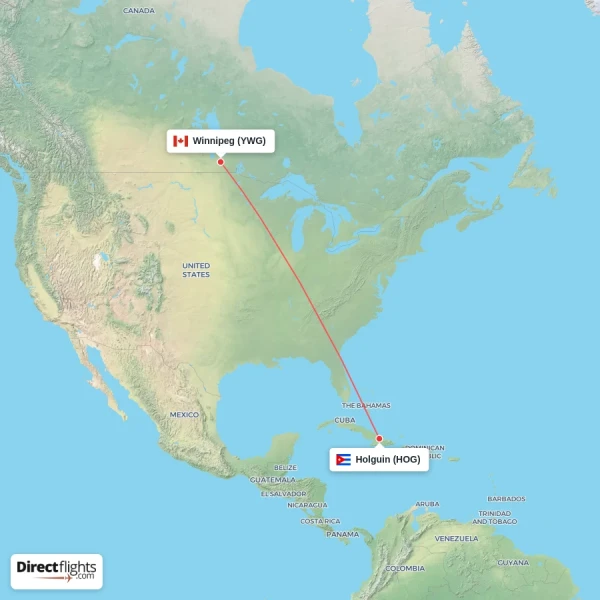 Holguin - Winnipeg direct flight map