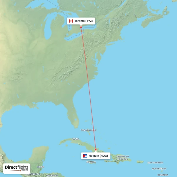 Holguin - Toronto direct flight map