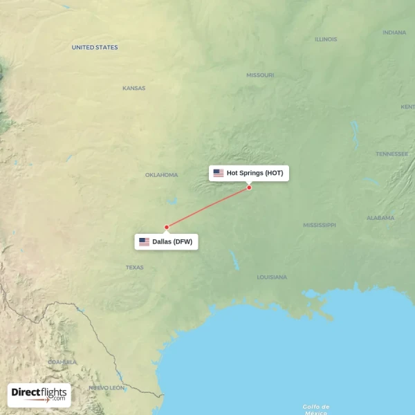 Hot Springs - Dallas direct flight map