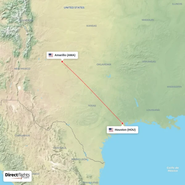 Houston - Amarillo direct flight map