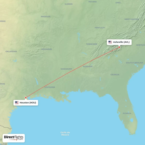 Houston - Asheville direct flight map