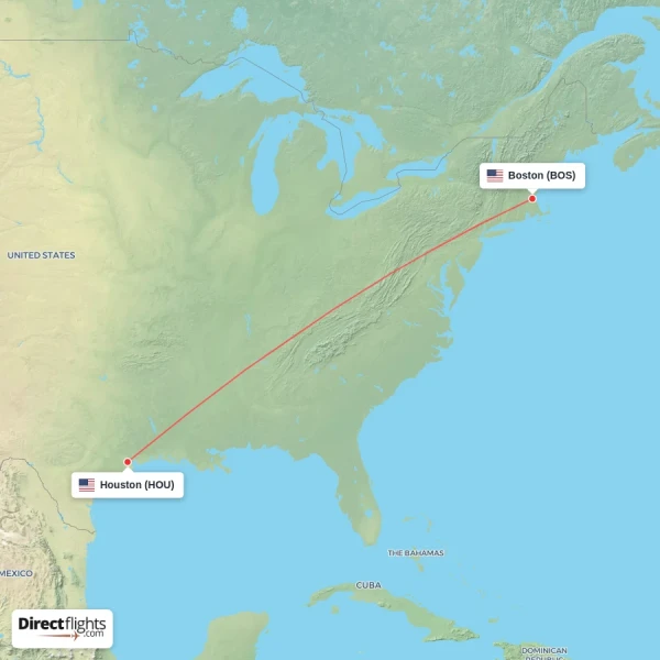 Houston - Boston direct flight map