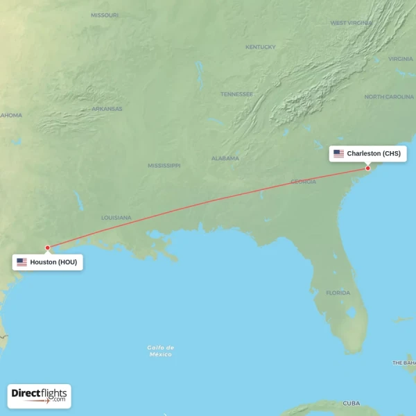 Houston - Charleston direct flight map