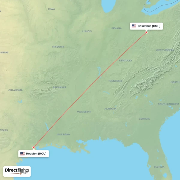 Houston - Columbus direct flight map