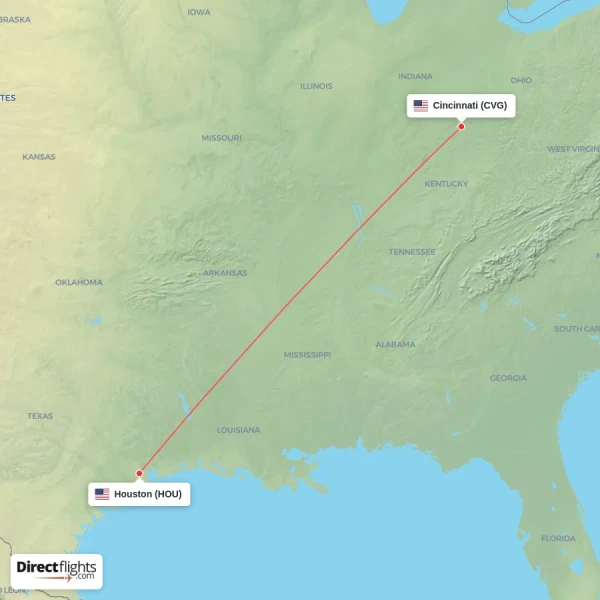 Houston - Cincinnati direct flight map