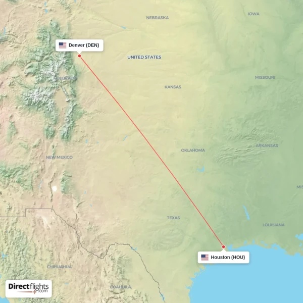 Houston - Denver direct flight map