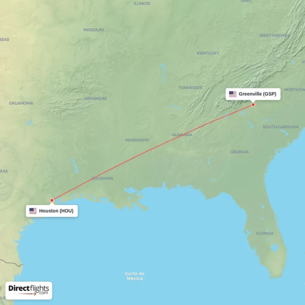 Houston - Greenville direct flight map