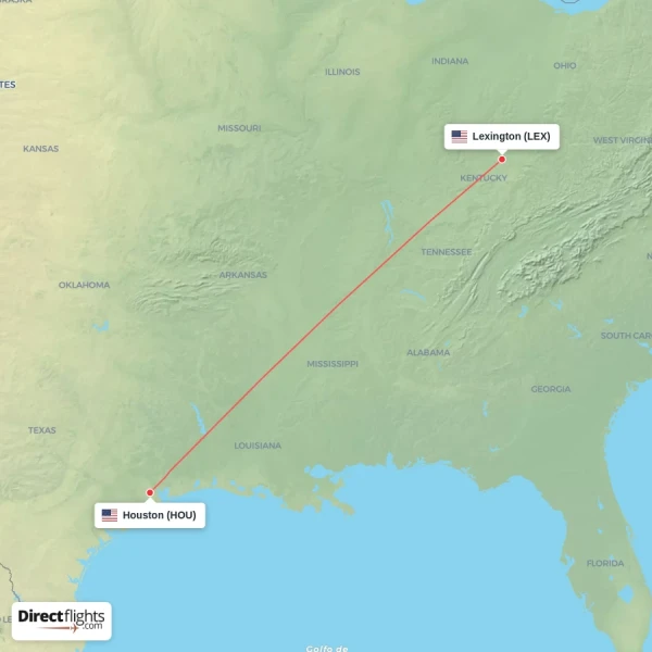 Houston - Lexington direct flight map