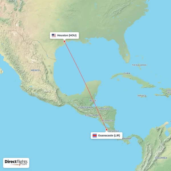 Houston - Guanacaste direct flight map