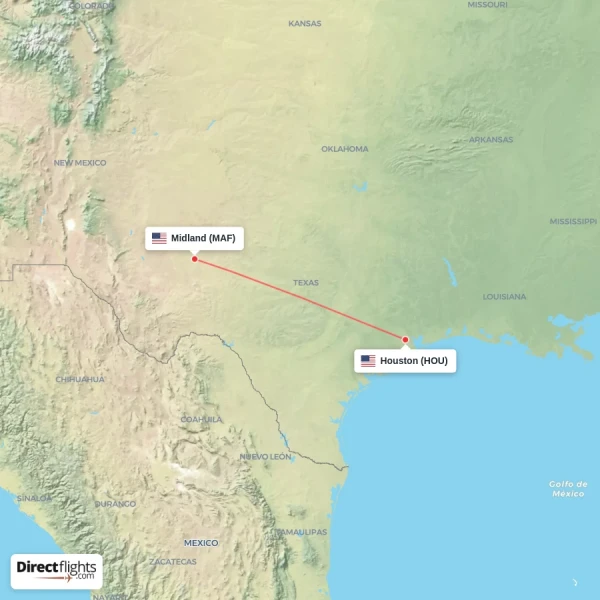Houston - Midland direct flight map