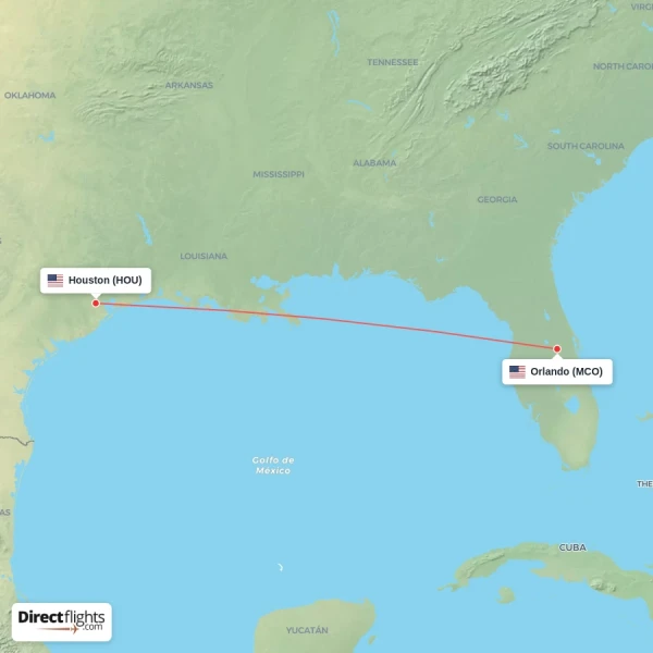 Houston - Orlando direct flight map