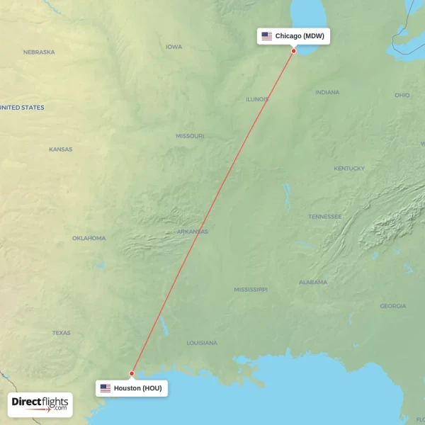 Houston - Chicago direct flight map