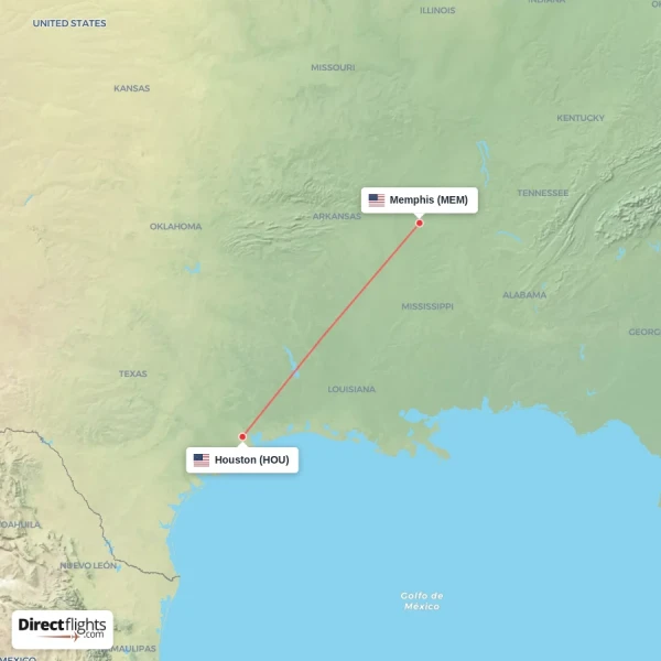 Houston - Memphis direct flight map