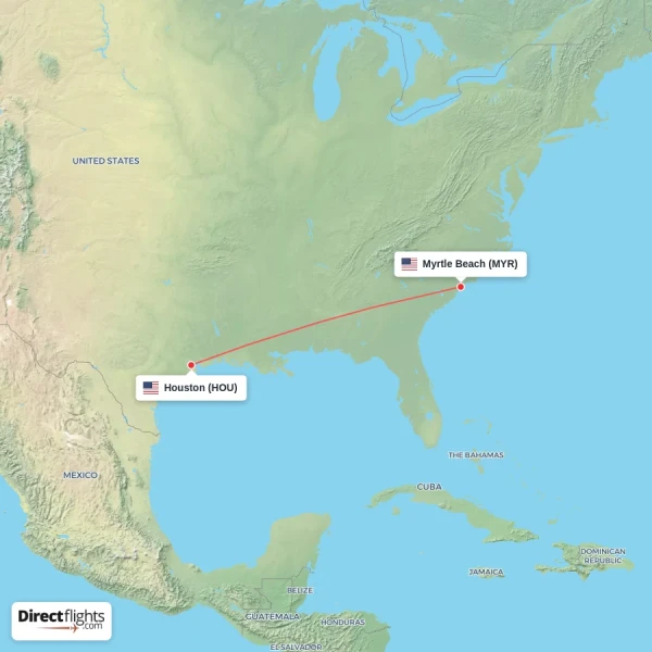 Houston - Myrtle Beach direct flight map