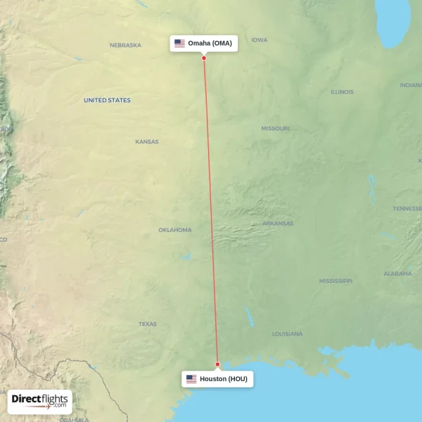 Houston - Omaha direct flight map