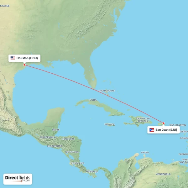 Houston - San Juan direct flight map