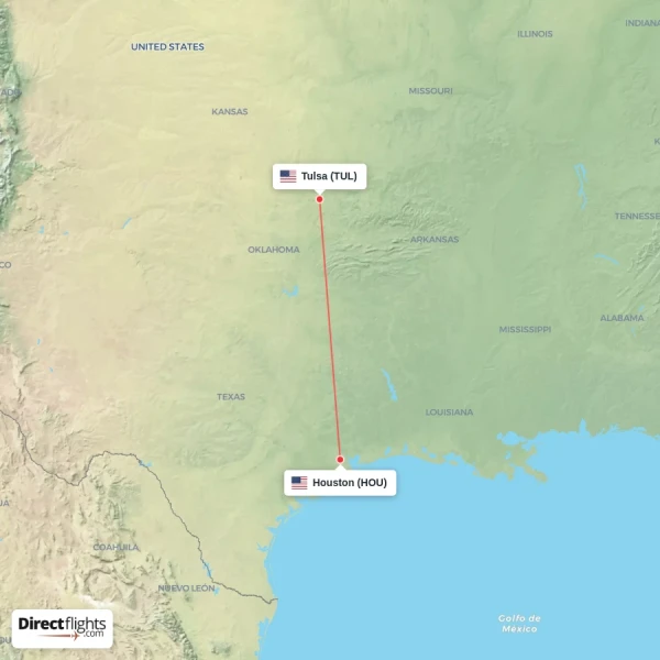 Houston - Tulsa direct flight map