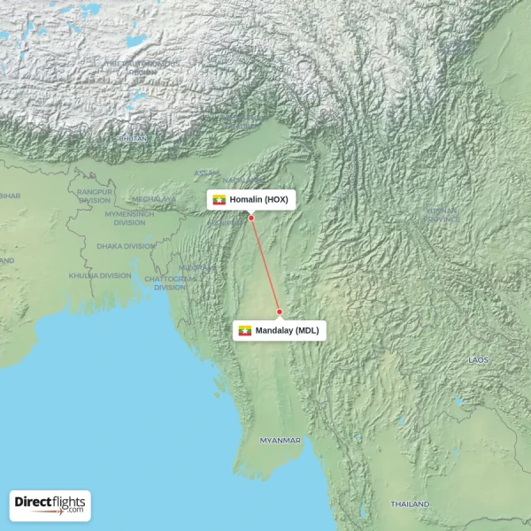 Homalin - Mandalay direct flight map